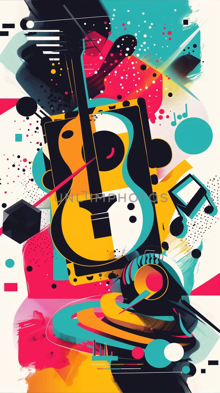 An abstract painting featuring a guitar surrounded by music notes. The artwork evokes a sense of rhythm and melody through its colorful and dynamic composition.