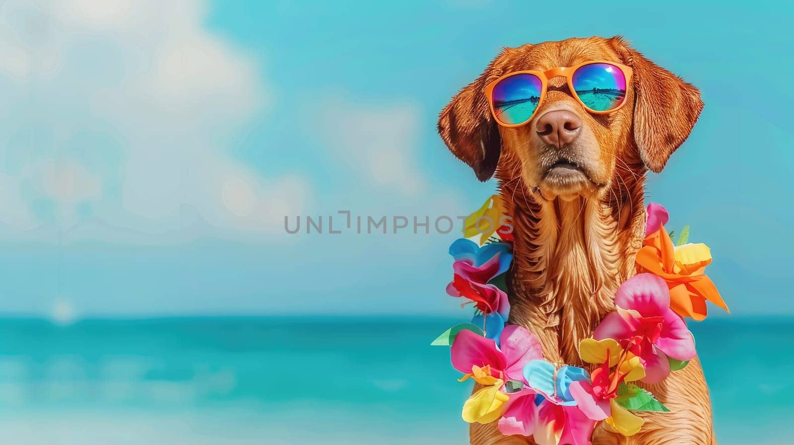 Summer background, Dog with hawaiian costume tropical palm and beach background, Generative AI by nijieimu