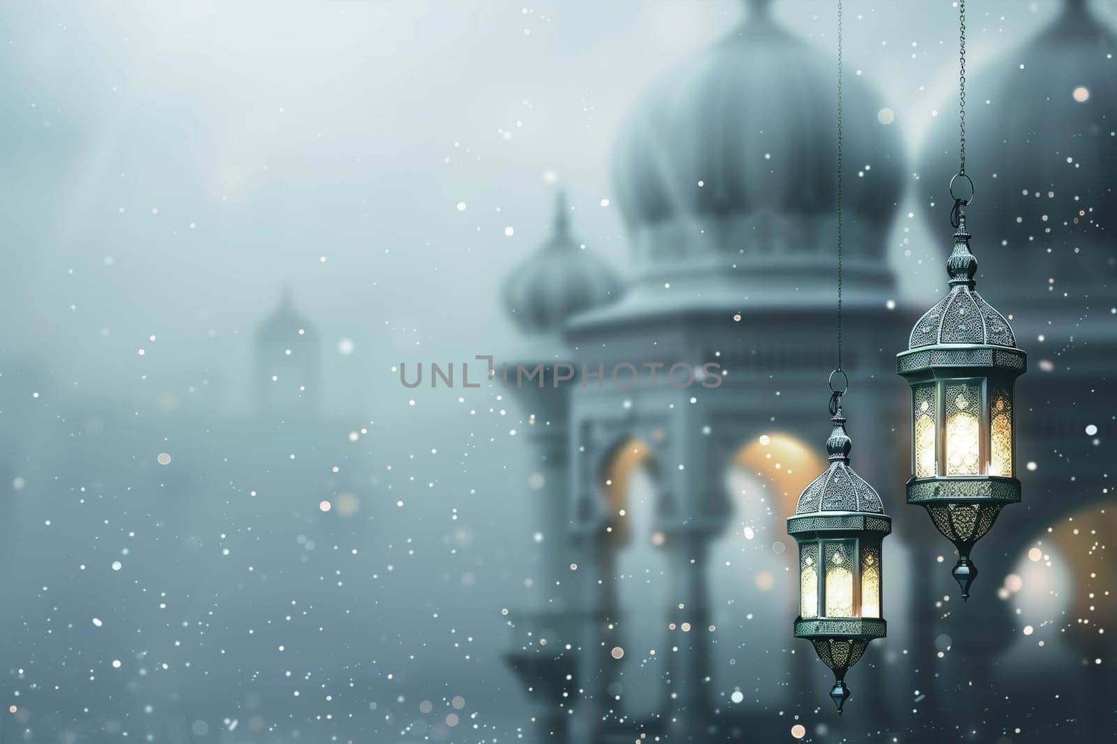Illuminated lanterns hang outside a mosque, their warm light contrasting with the gentle snowfall of a tranquil evening.