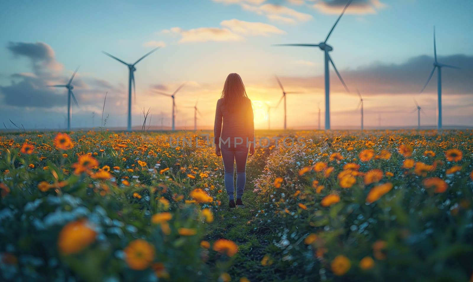 Woman Standing in Sunflower Field. Generative AI by Fischeron