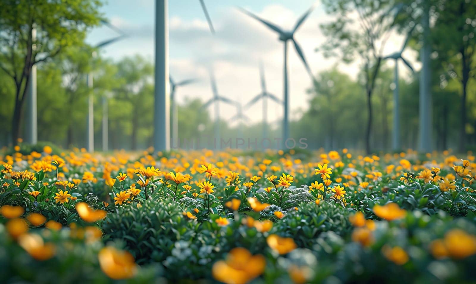 Yellow flowers cover field with distant windmills on horizon.