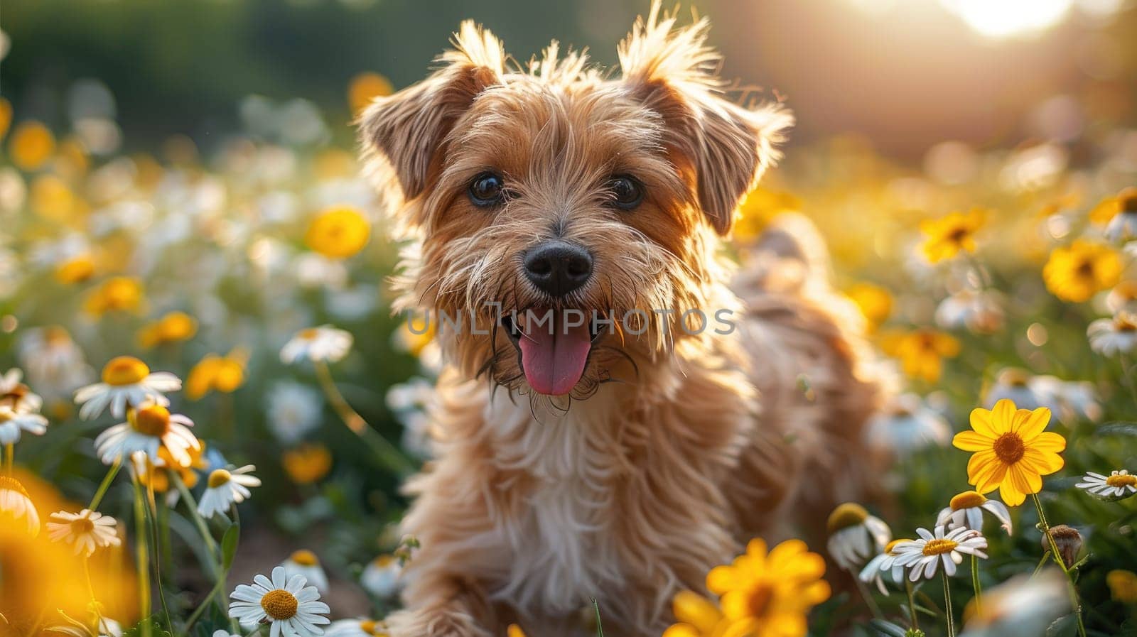 Summer background, A beautiful dog running in flower field in a sunny dreamy day.