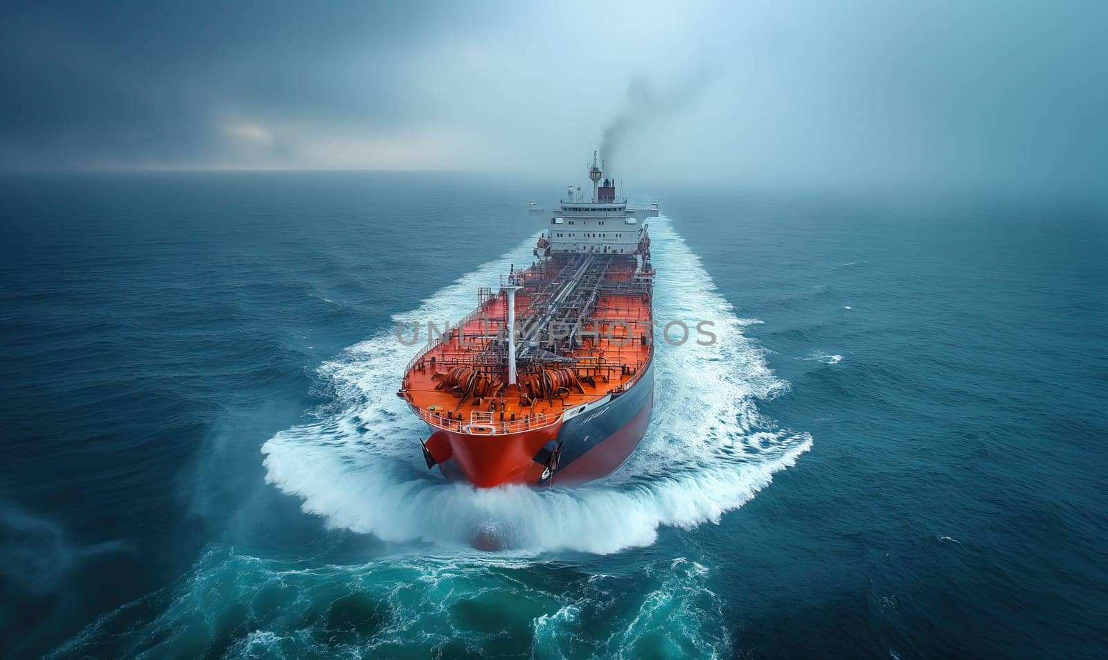 A massive orange ship navigates the vast expanse of the ocean.