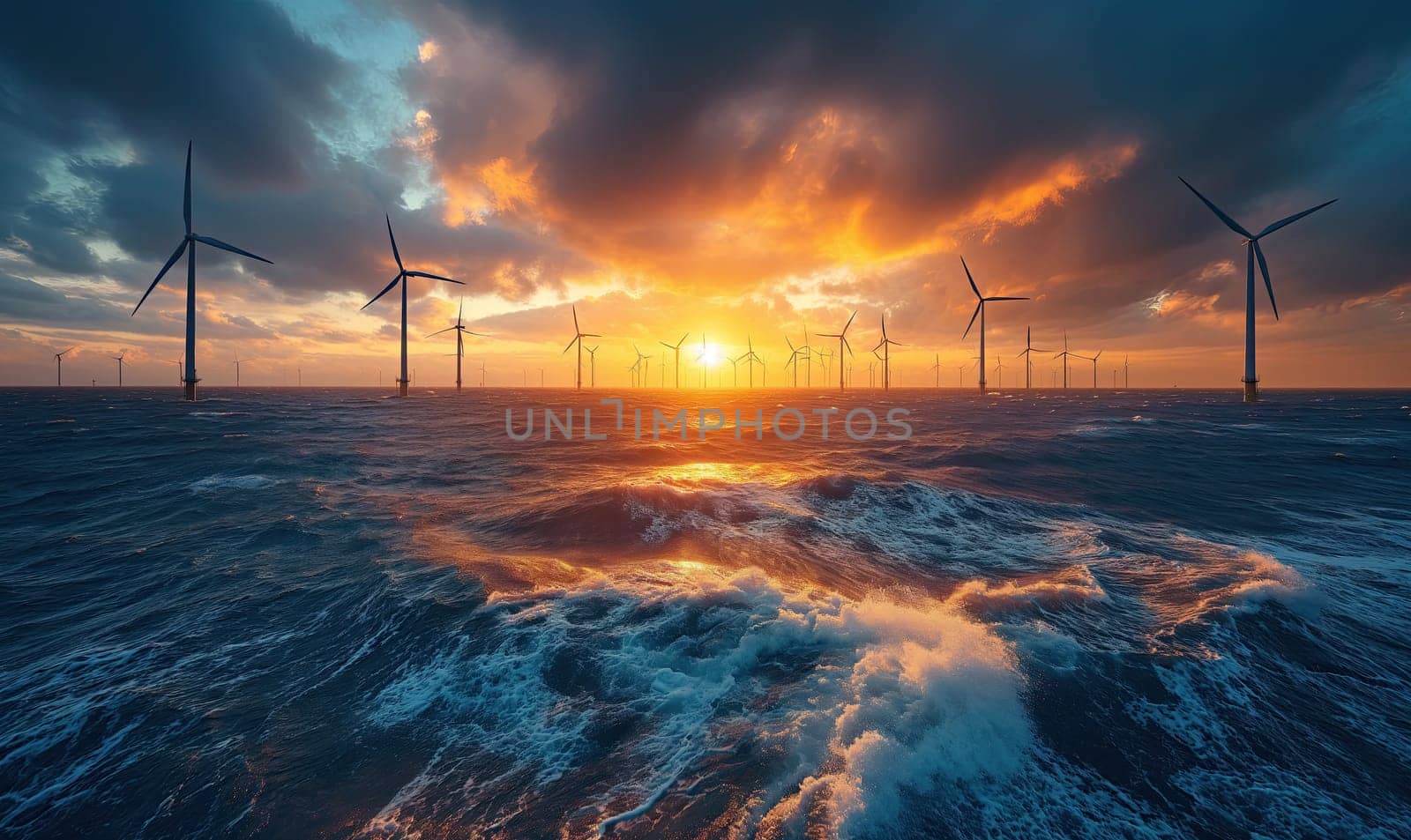 Group of windmills standing in the ocean as the sun sets.