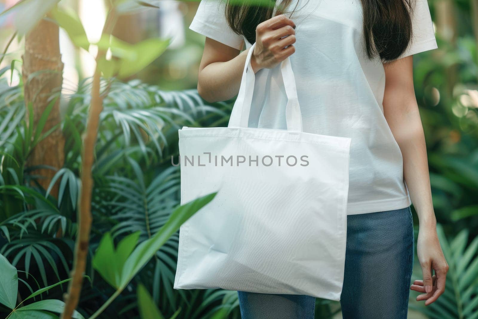 Woman is holding tote bag canvas fabric for mockup blank template, Empty reusable tote bag mockup by nijieimu