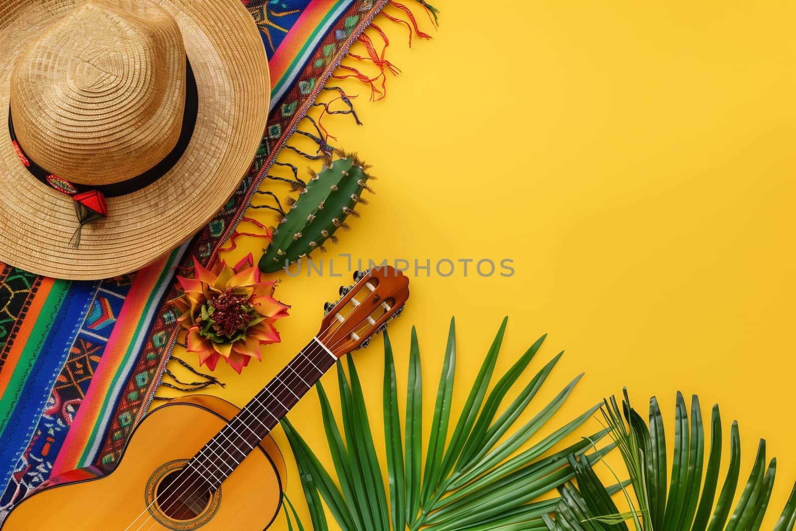 A festive display for Cinco de Mayo featuring a traditional Mexican serape, a sombrero, a guitar, cacti, a flower, and palm leaves.