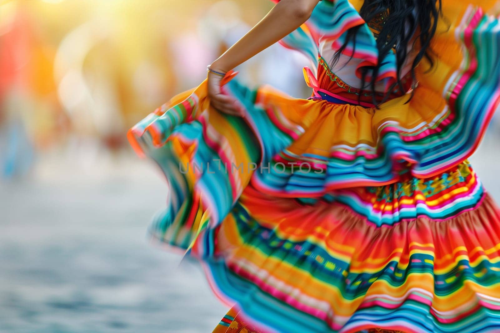 A woman in a vibrant dress dances joyfully on the street during a festive celebration, embodying the spirit of Cinco de Mayo.