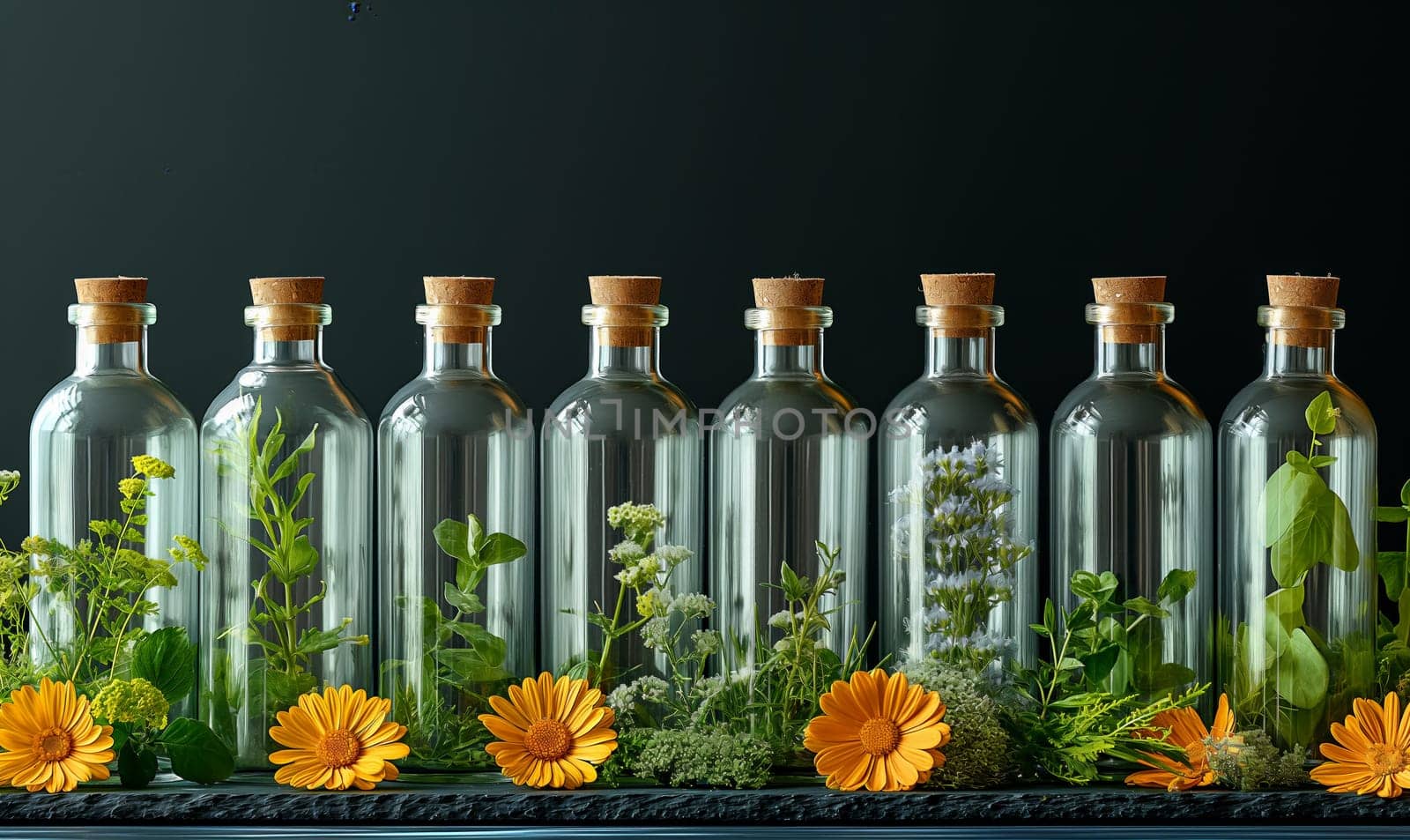 Assorted bottles lined up with vibrant plants and flowers inside against a white background.