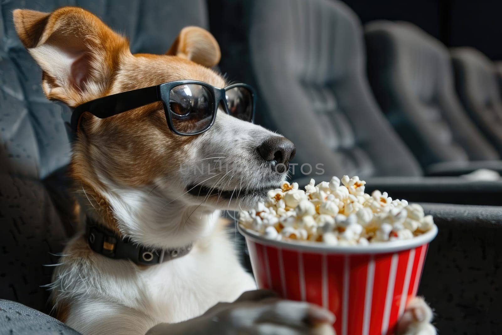 A dog is eating popcorn and watching a movie in the cinema, Banner with dog in cinema.