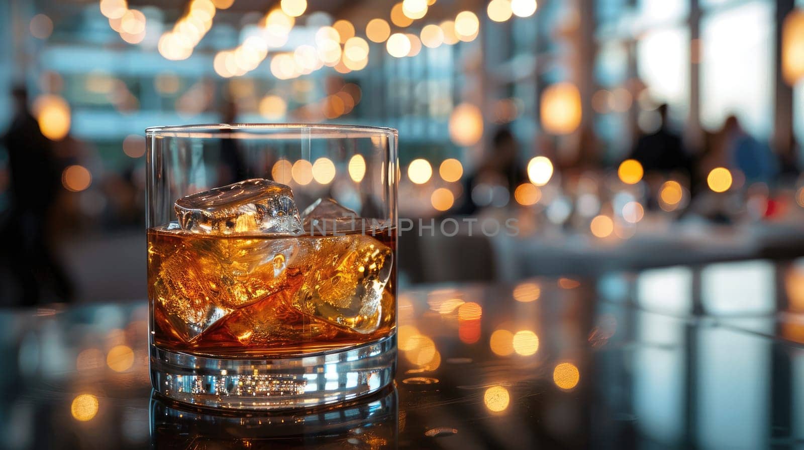 Glass of whiskey with ice stands on bar counter with people in party on background by nijieimu