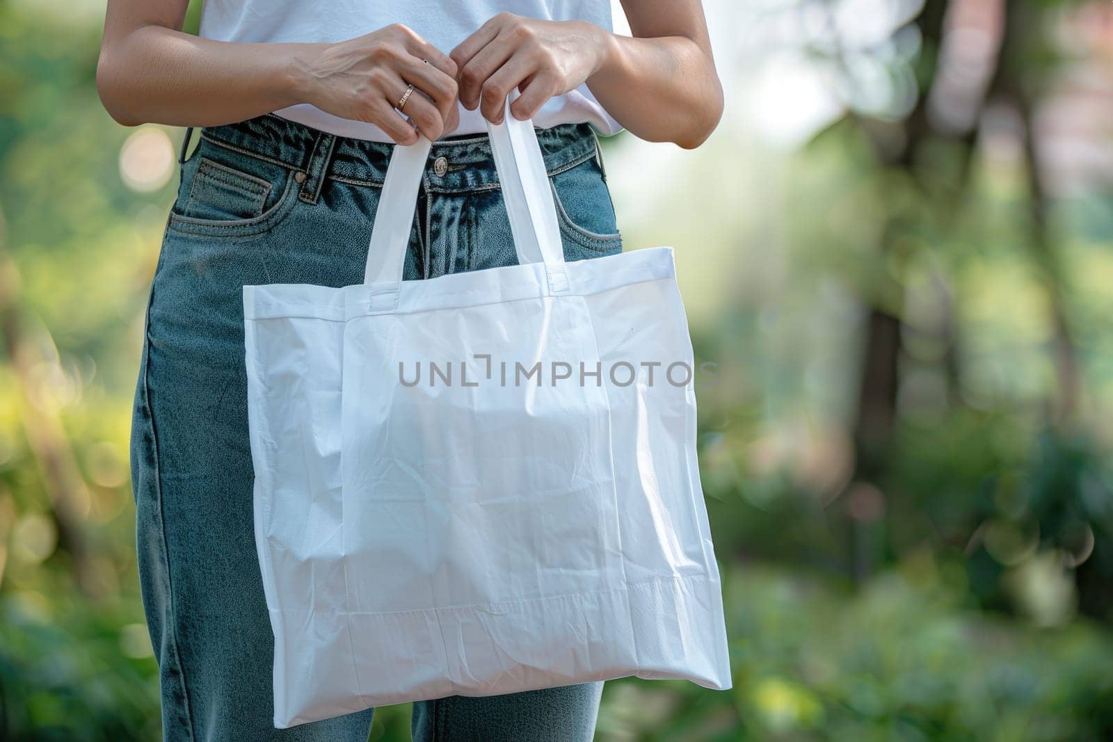 Woman is holding tote bag canvas fabric for mockup blank template, Empty reusable tote bag mockup by nijieimu