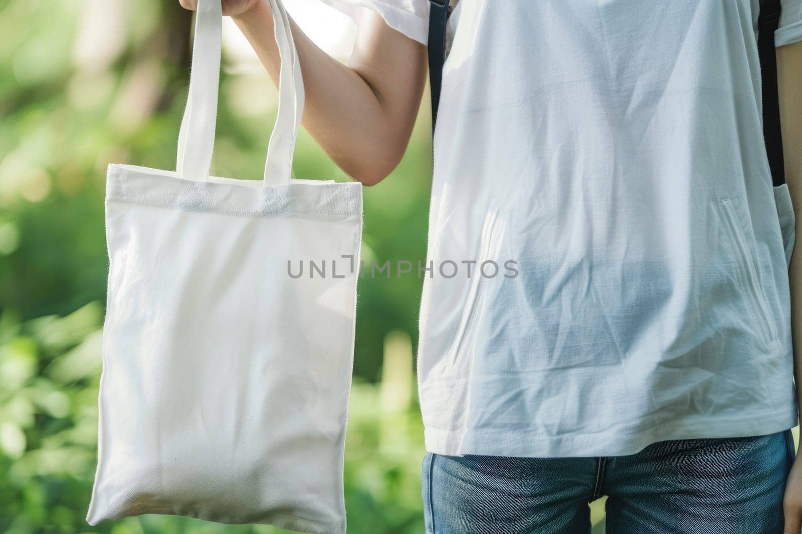 Woman is holding tote bag canvas fabric for mockup blank template, Empty reusable tote bag mockup by nijieimu