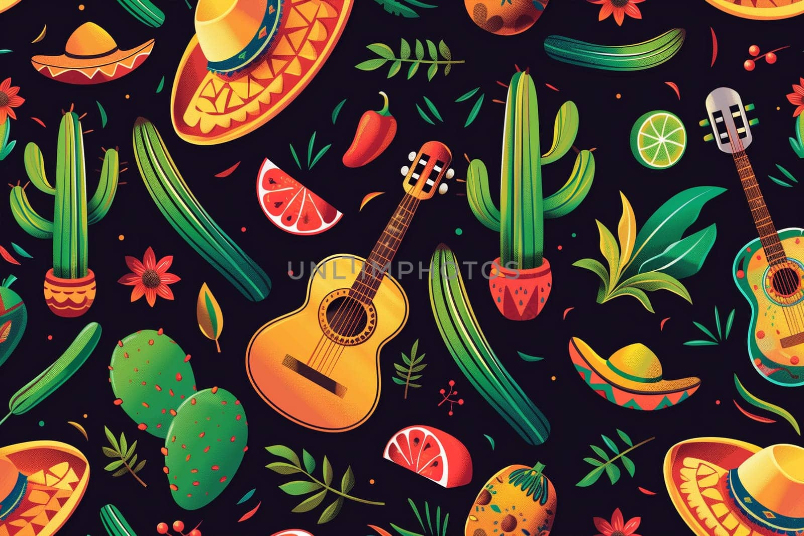 A guitar, cactus, and sombrero arranged on a black background, symbolizing Cinco de Mayo celebrations.