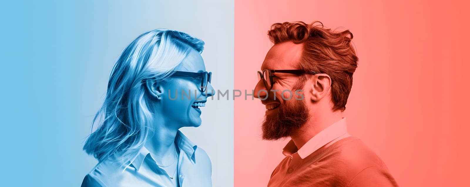 Man and woman make eye contact on blue and red backdrop by Nadtochiy