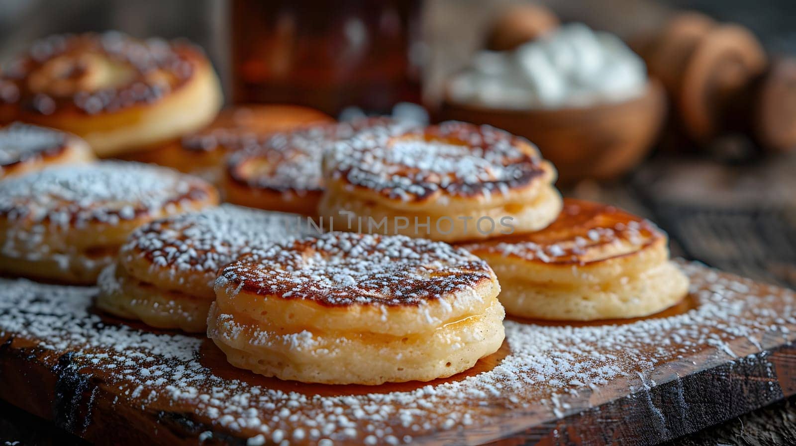 A wooden cutting board topped with pancakes covered in powdered sugar, a delicious dessert made from staple food ingredients, perfect for a fast food treat