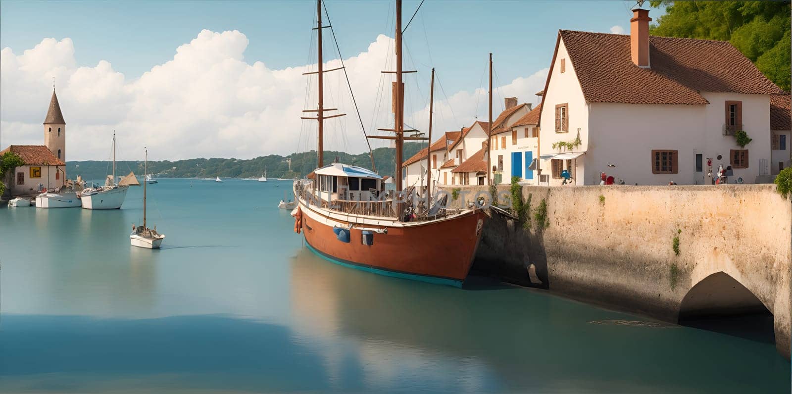 A boat rests calmly on the water surface under the clear sky.