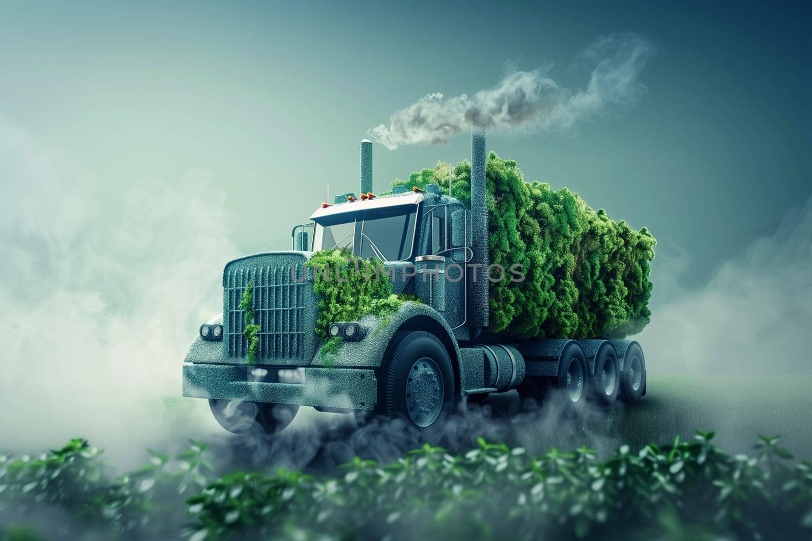 A large green semi-truck carries a load of dense foliage, suggesting an eco-friendly transport theme amidst a misty backdrop.