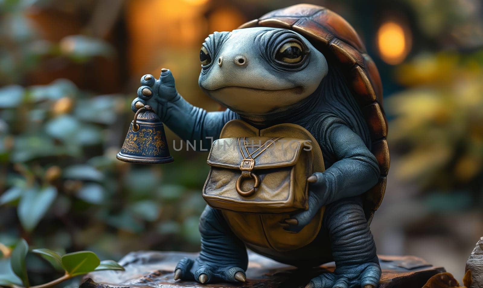 Small turtle statue with bell in its mouth.