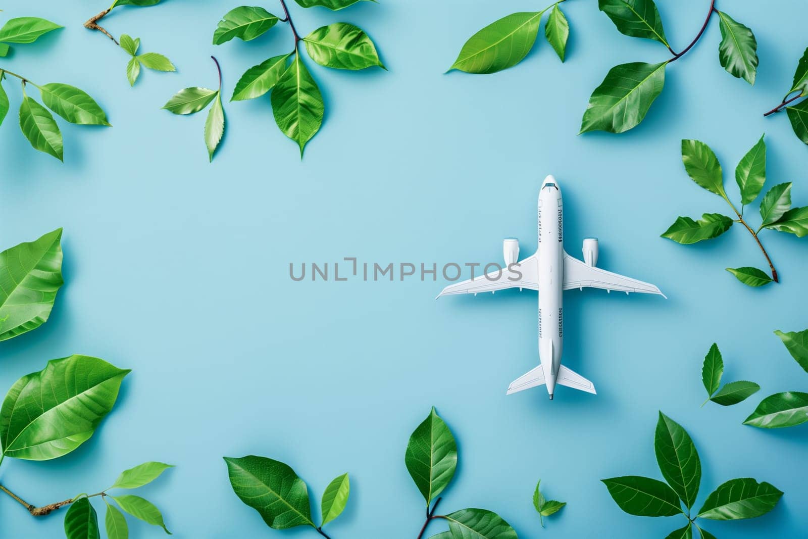 A top view of a white model airplane symbolizing eco-friendly travel, with fresh green leaves scattered around on a vibrant blue backdrop.