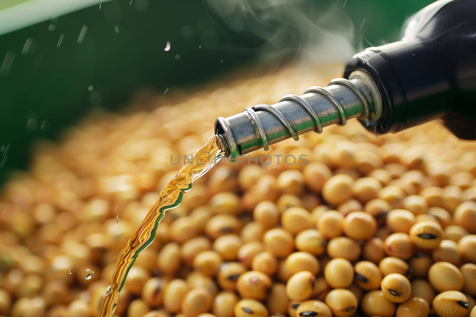 A stream of golden soybean oil pours from a bottle, glistening as it cascades over a mound of raw soybeans, showcasing a key stage in oil production.