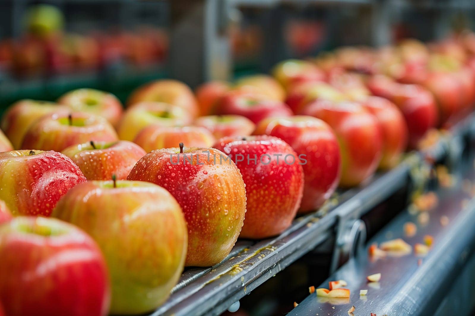 A row of bright red and yellow apples moving along a conveyor belt in a factory or orchard setting.