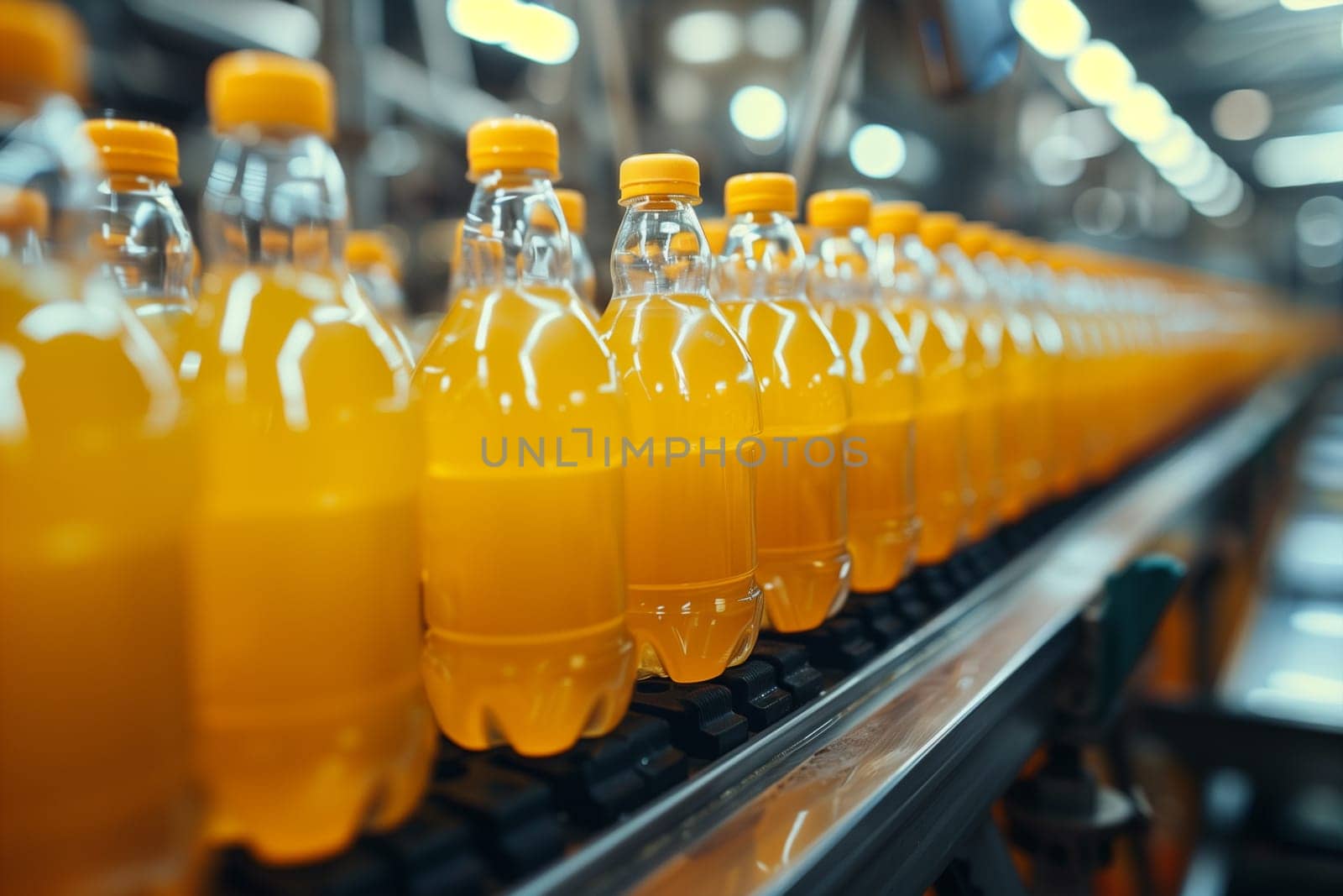 A line of orange juice bottles is moving along a conveyor belt in a factory setting.