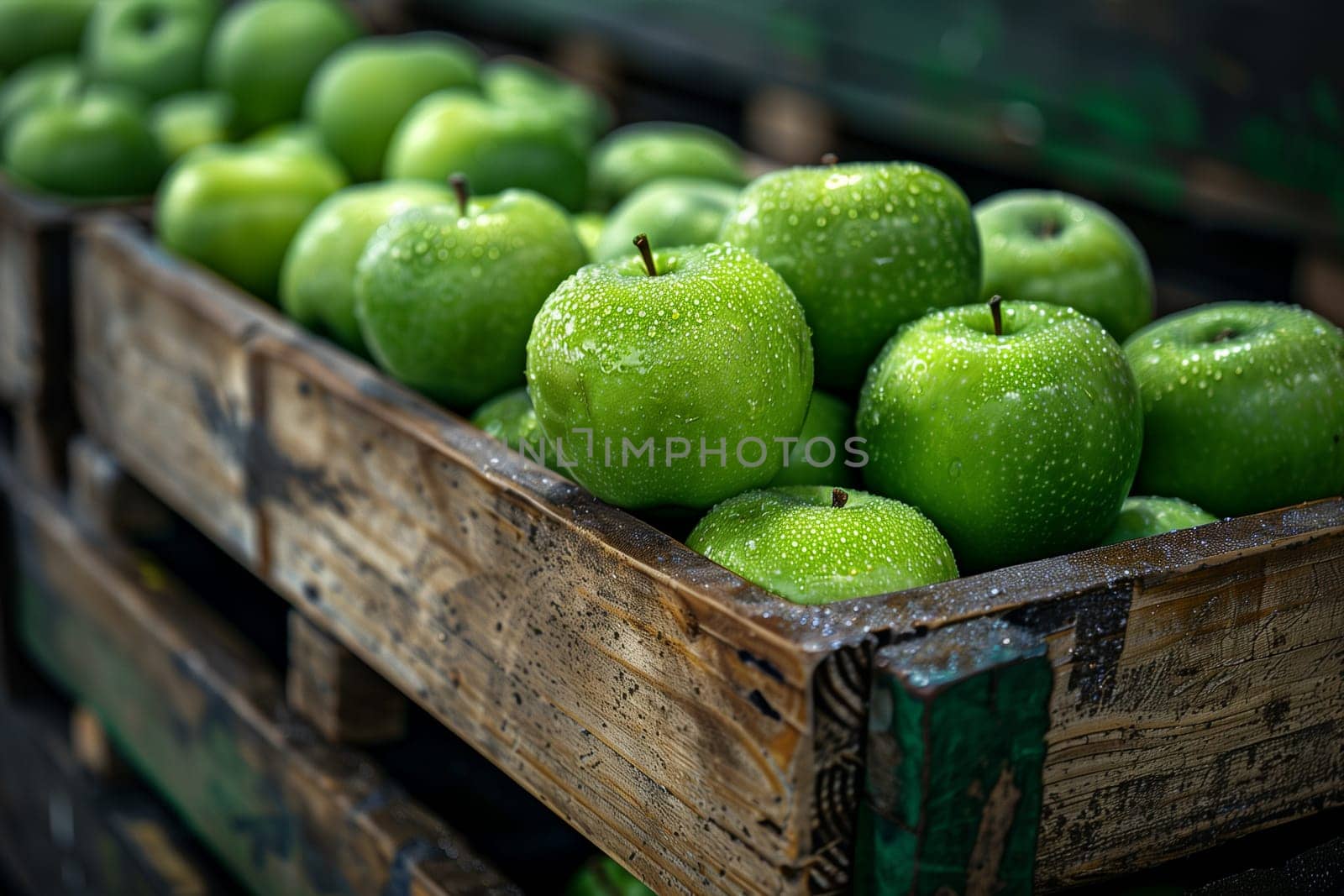 A wooden crate overflowing with vibrant green apples on a conveyor belt, ready for transport or sale.