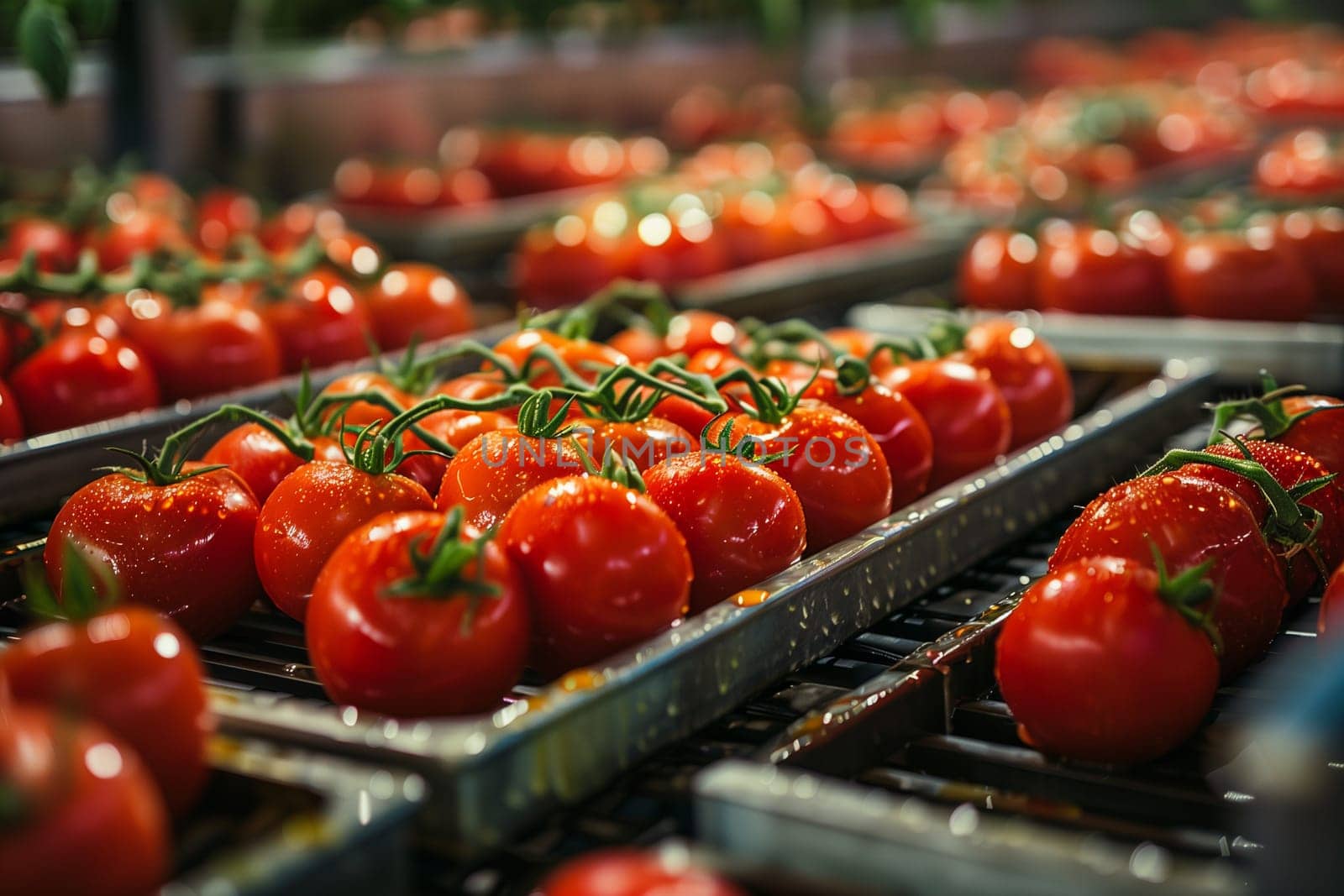 Numerous trays filled with ripe red tomatoes lined up on a conveyor belt, ready for sorting and packaging in a commercial farming operation.