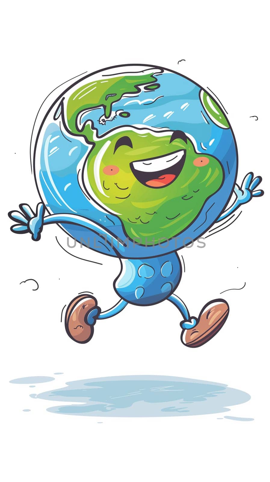 A cartoon earth character is running happily with a big smile on their face.