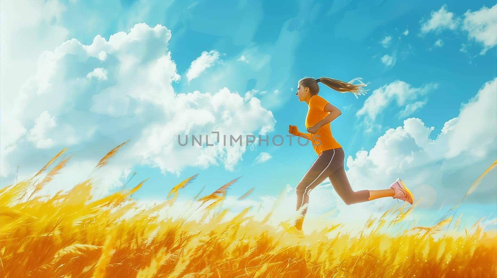A woman running swiftly through a field of tall grass under the open sky.