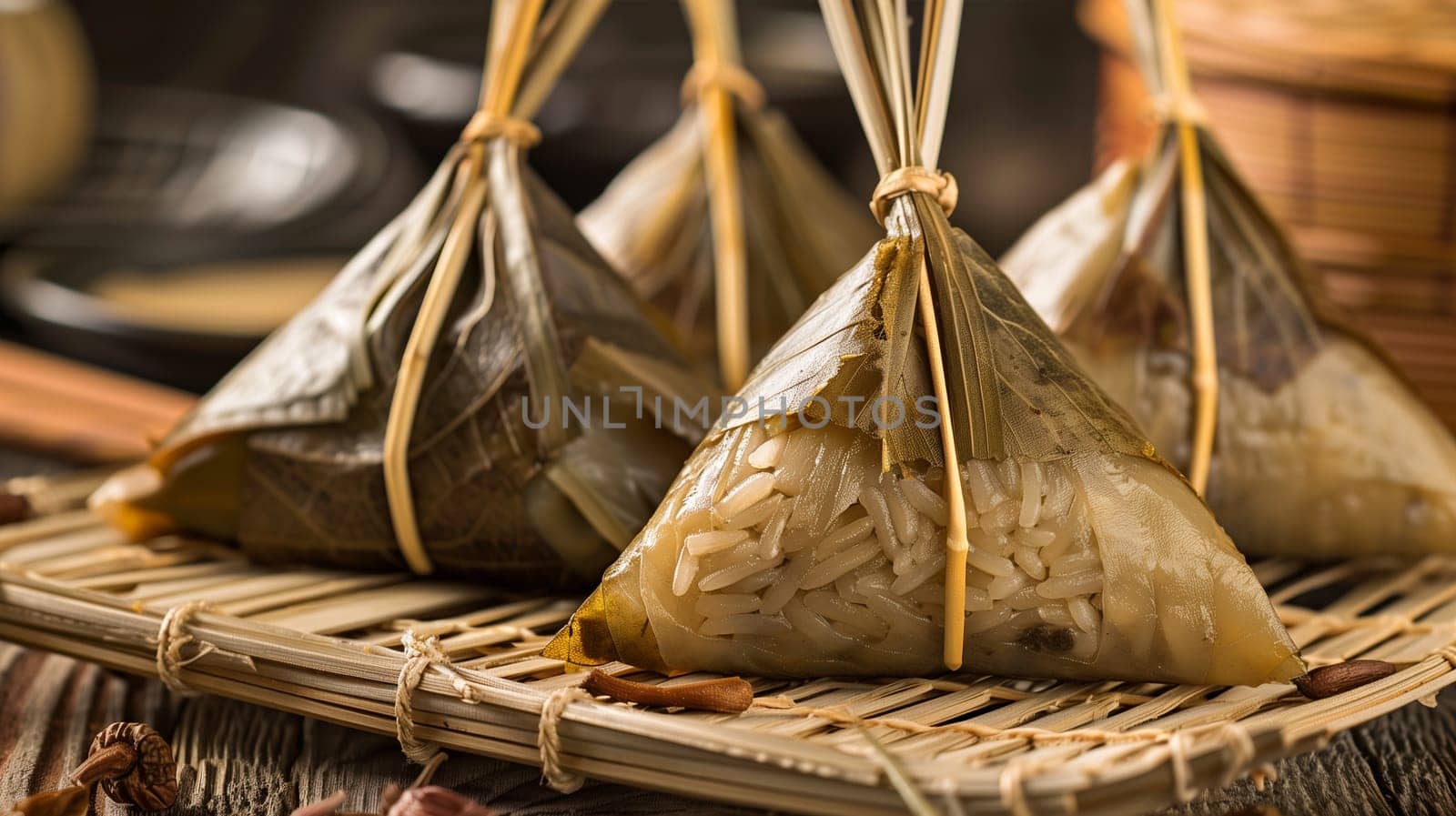 Traditional Zongzi Dumplings Prepared For Duan Wu Jie Festival on Bamboo Mat by Sd28DimoN_1976