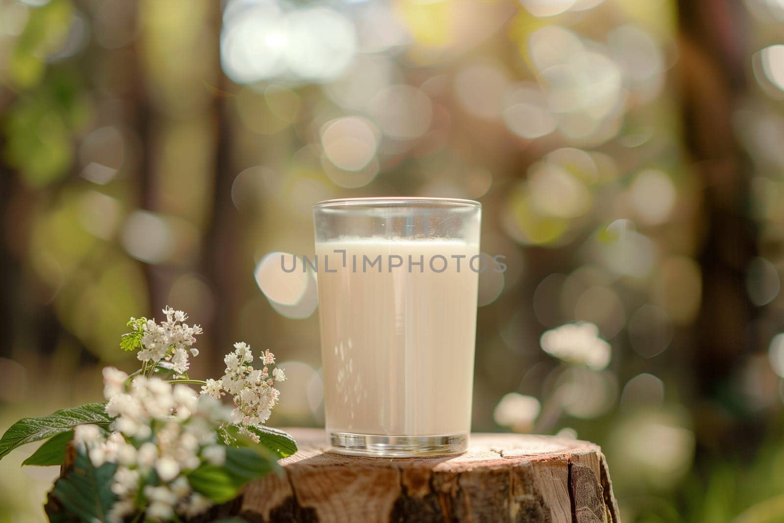 A glass of milk sits stably on top of a tree stump, showcasing a unique juxtaposition of nature and a man-made object.
