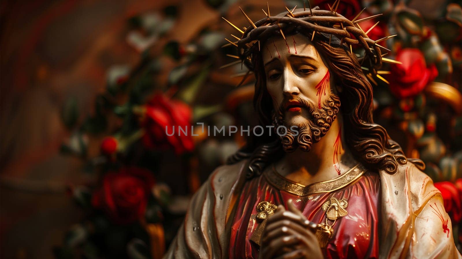 Statue of Jesus Surrounded by Red Roses by Sd28DimoN_1976