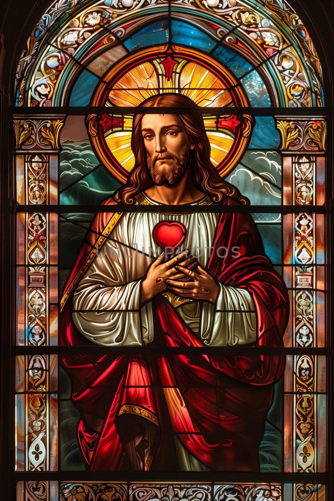 A vibrant stained glass window depicting the Heart of Jesus in a church, illuminating the interior with colorful light.
