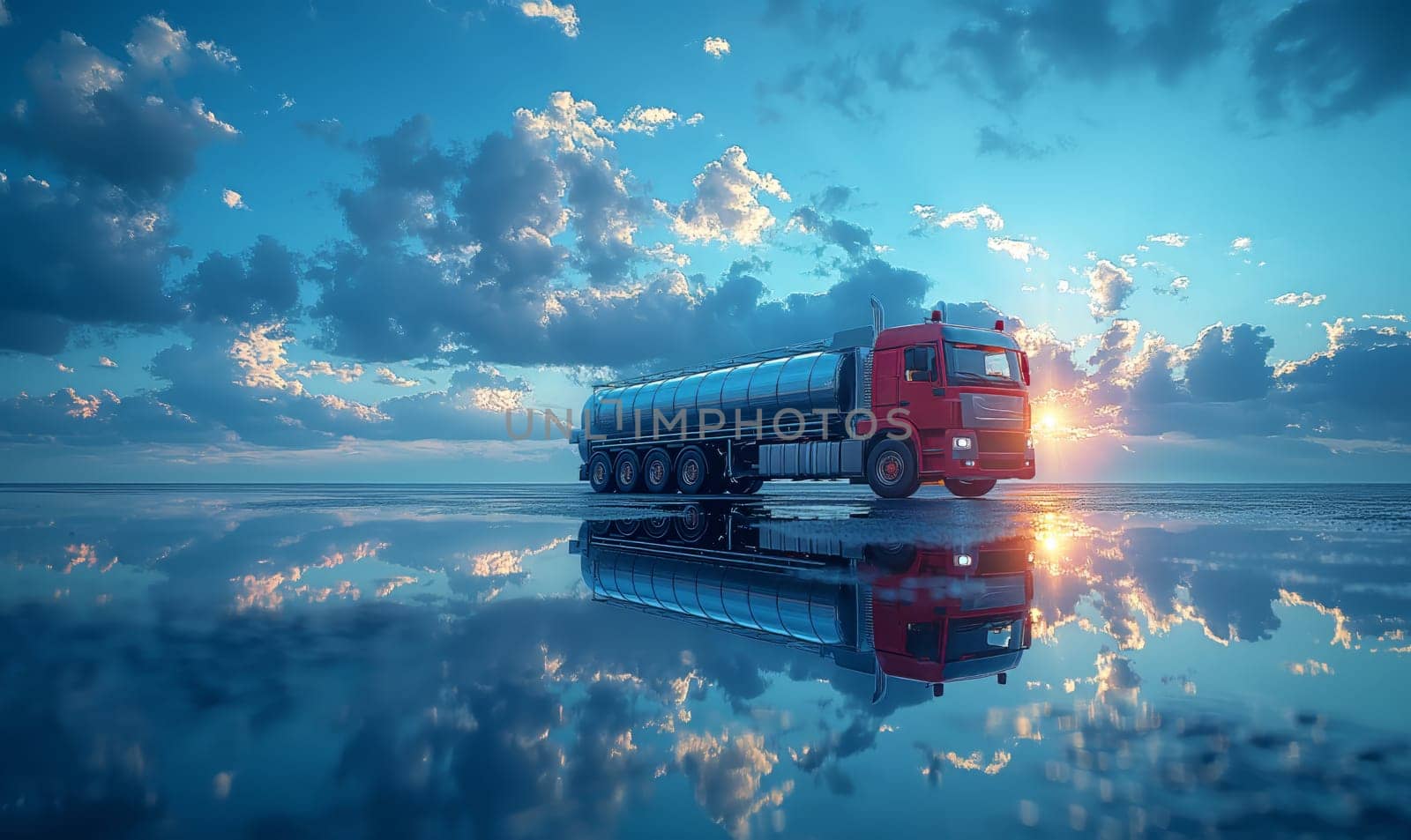 A red double decker bus travels across a large body of water.