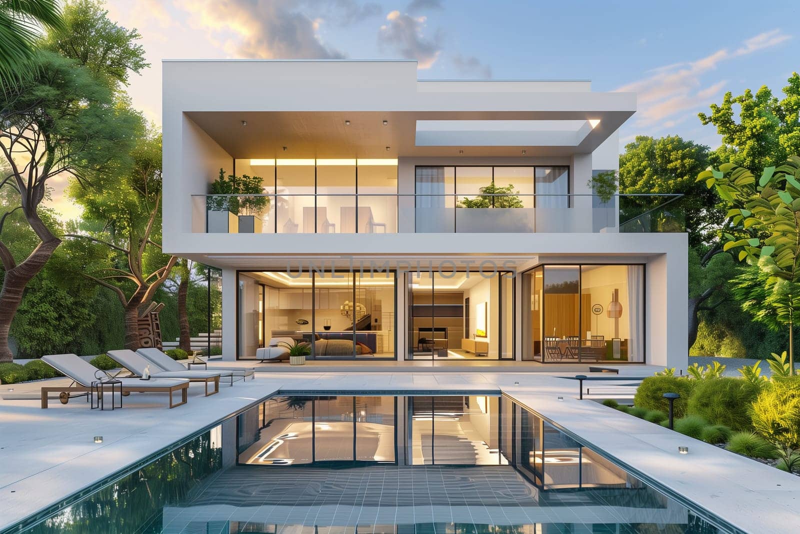 A large white house stands imposingly with a pool in front of it, creating a luxurious and stylish outdoor setting.