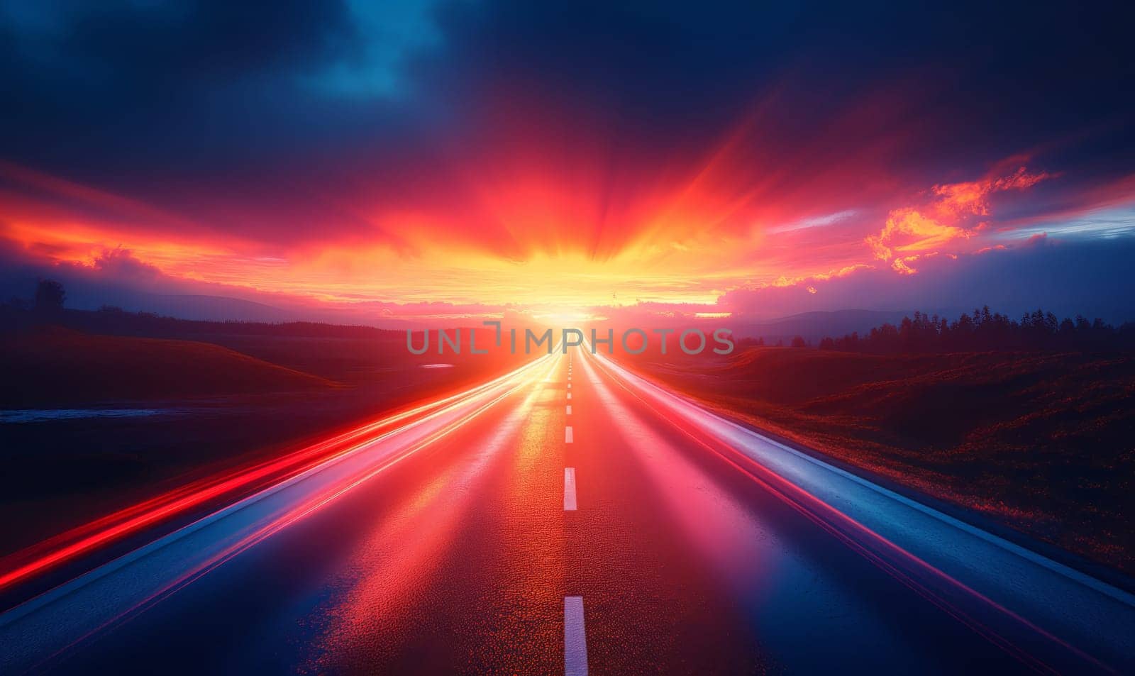 A highway stretching into the distance with the sun setting in the horizon.