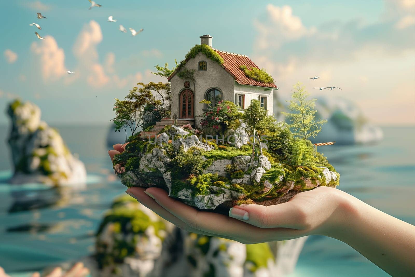 A persons hands holding a miniature house, showcasing scale and perspective.