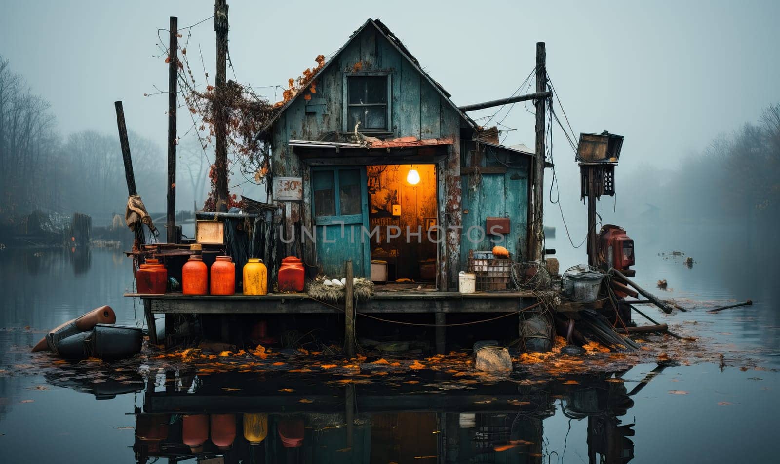 A compact house stands on the edge of a body of water, surrounded by nature.