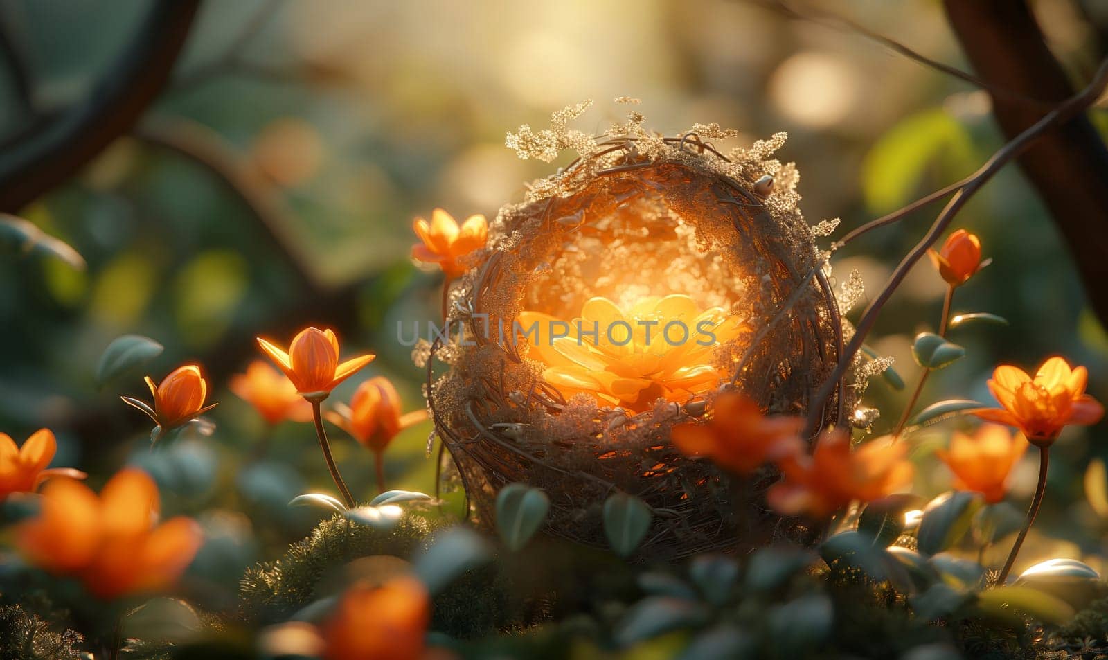 A birds nest is seen up close in a vibrant field of flowers.