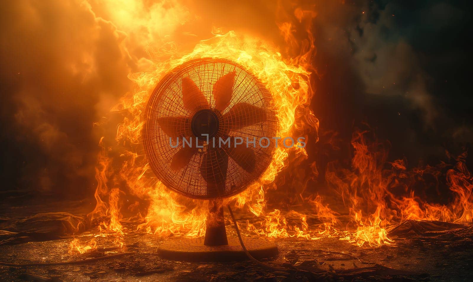 A room with a fan burning fiercely in the center, flames licking the blades.