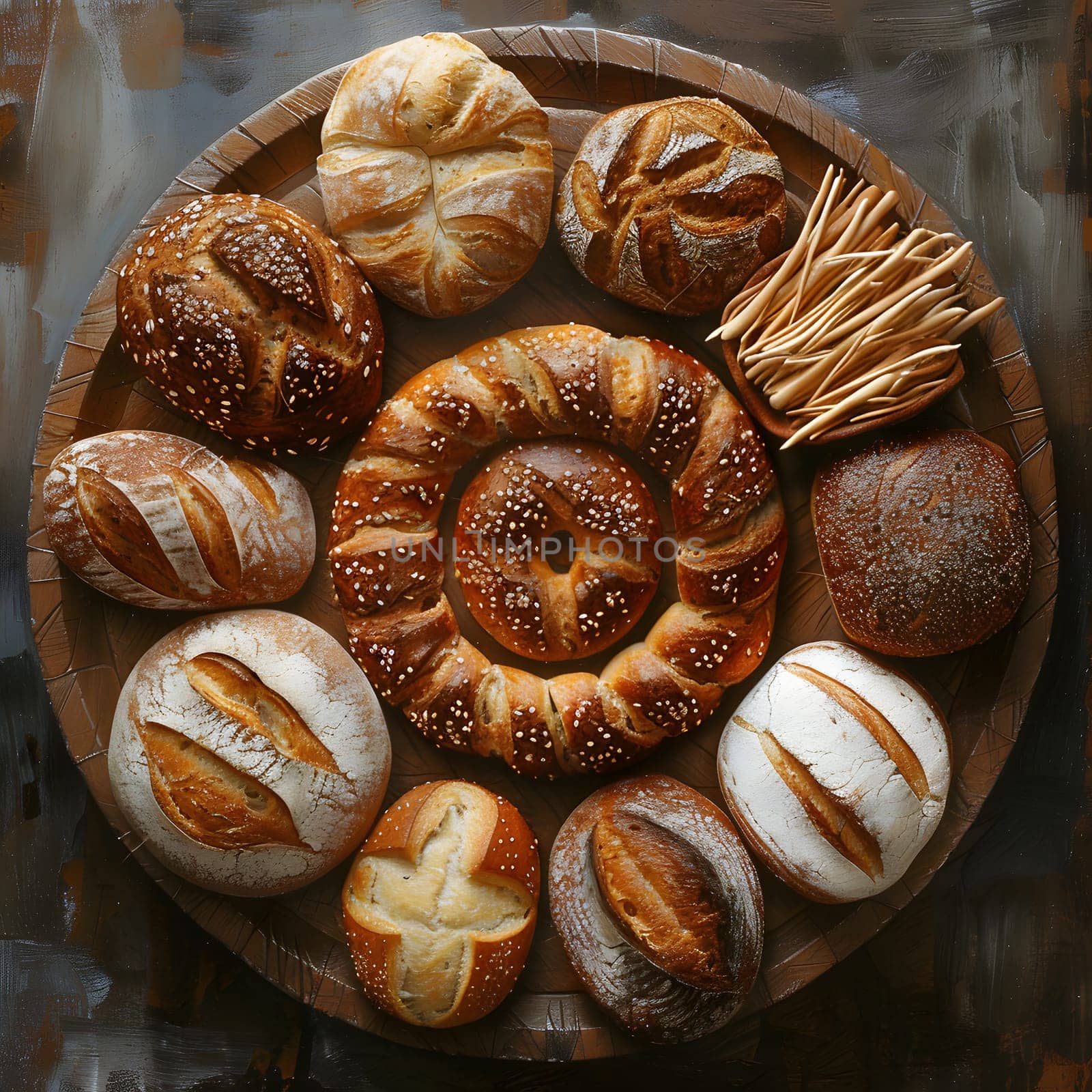 A rustic wooden tray displays an assortment of freshly baked bread, showcasing a variety of textures and flavors. This delightful mix of baked goods is sure to satisfy any craving for sweetness