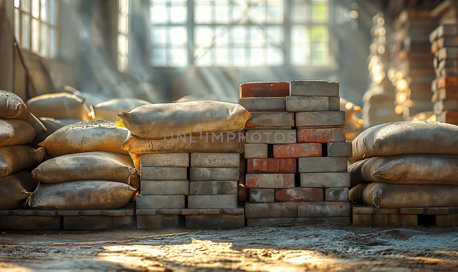 A pile of bricks sits next to a pile of bags.