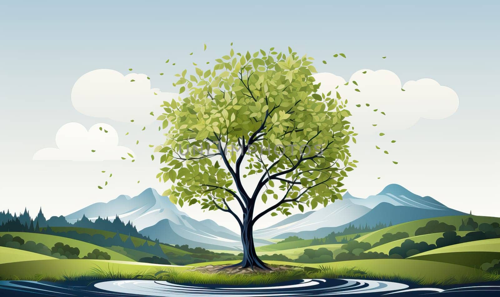 Painting depicting a tree growing in the middle of a river.