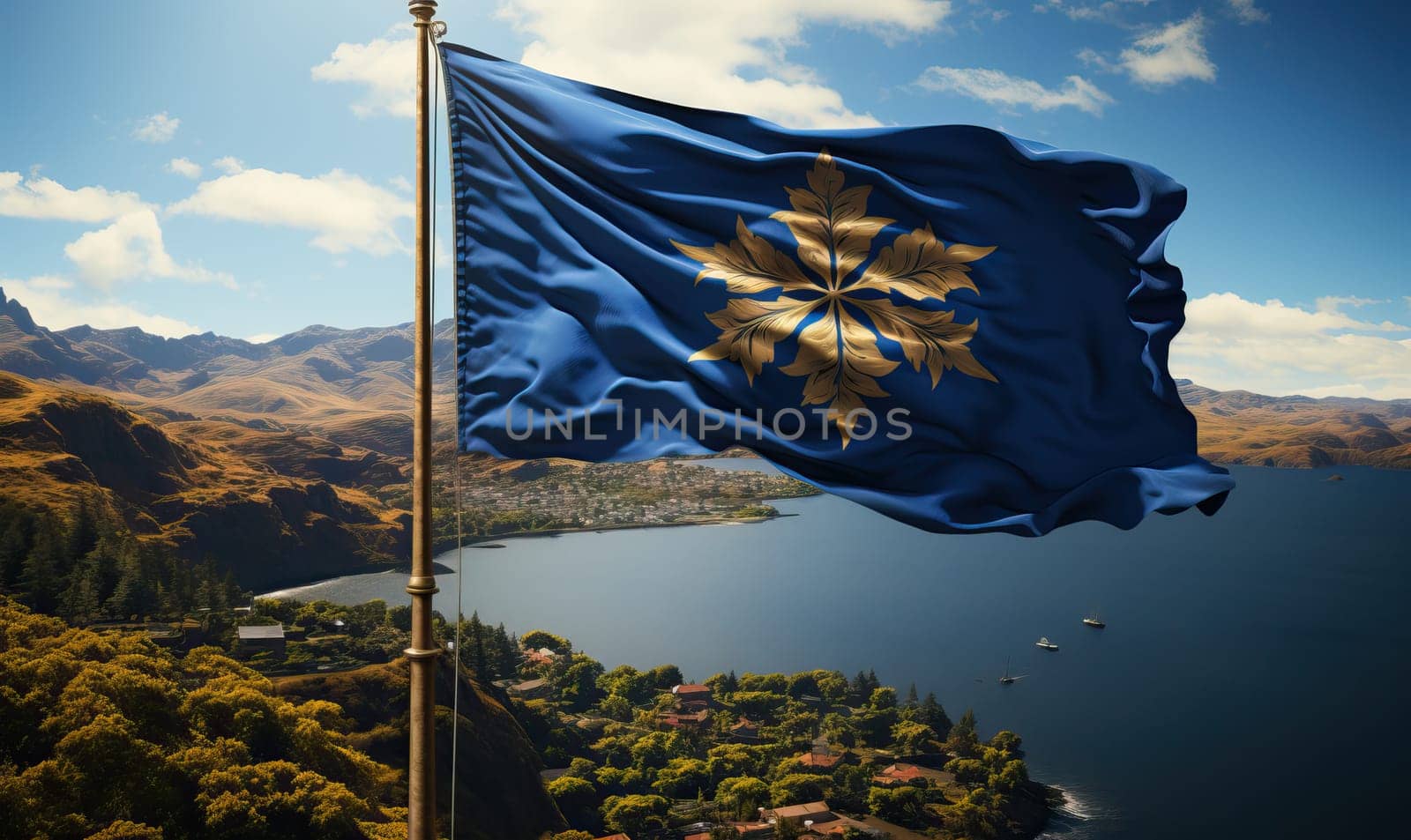 A flag waving in the wind beside a lake.