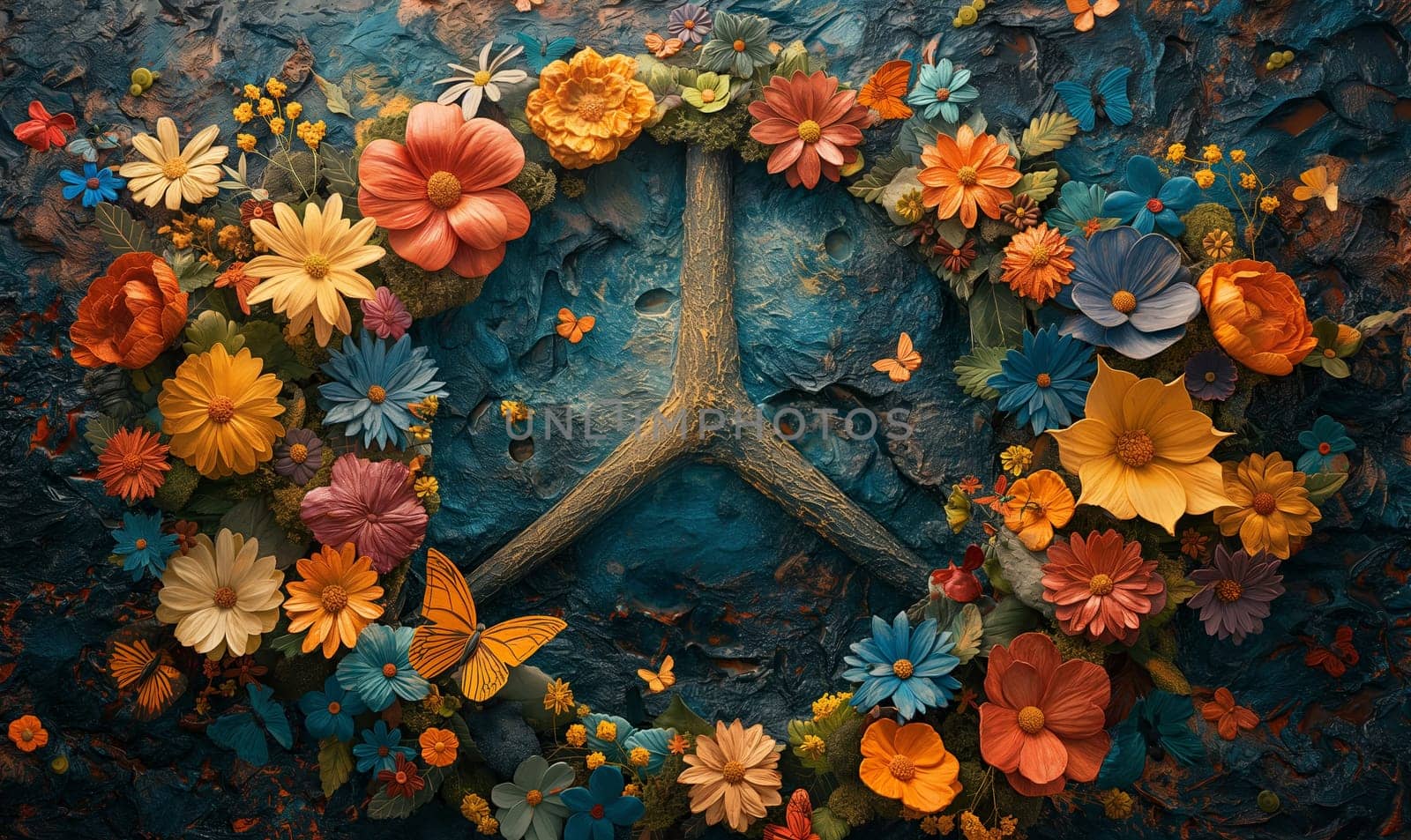 Painting of a peace sign in the center, encircled by various colorful flowers.