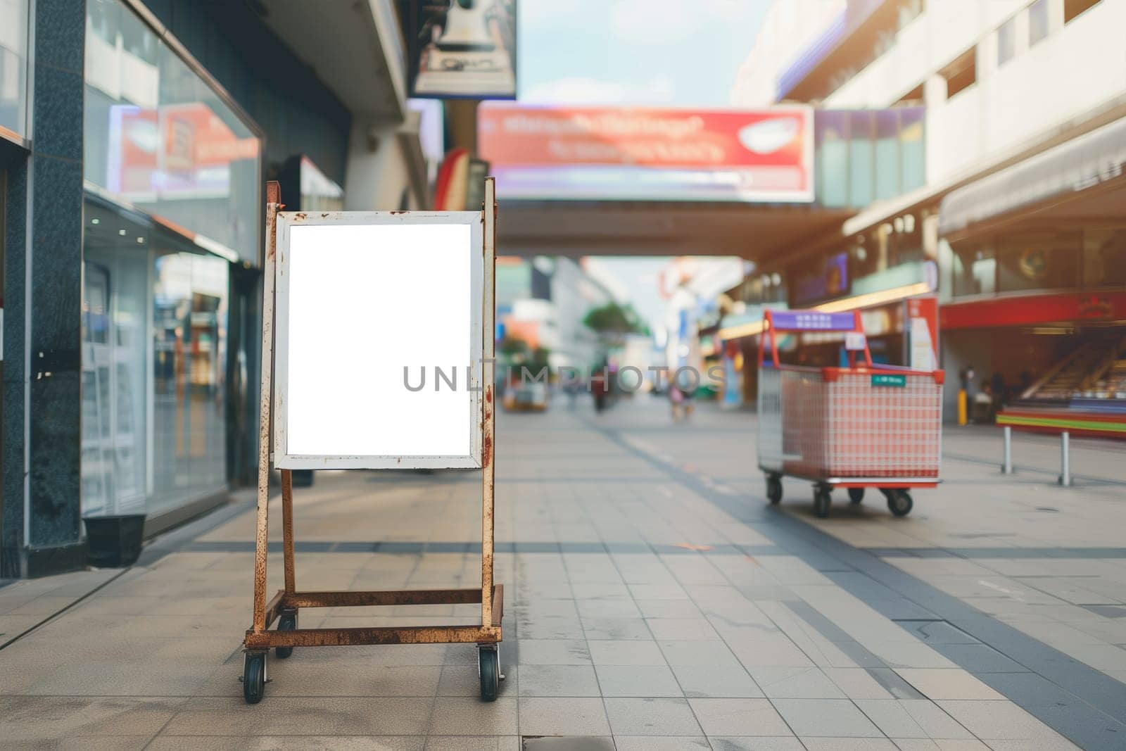 A sidewalk featuring a sign and luggage placed on the ground. mockup