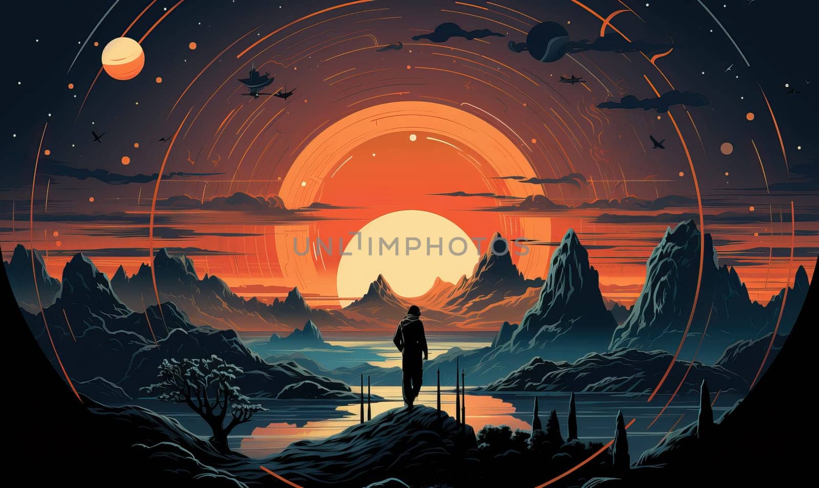 A man stands triumphantly on a mountain peak under a vibrant sunset.