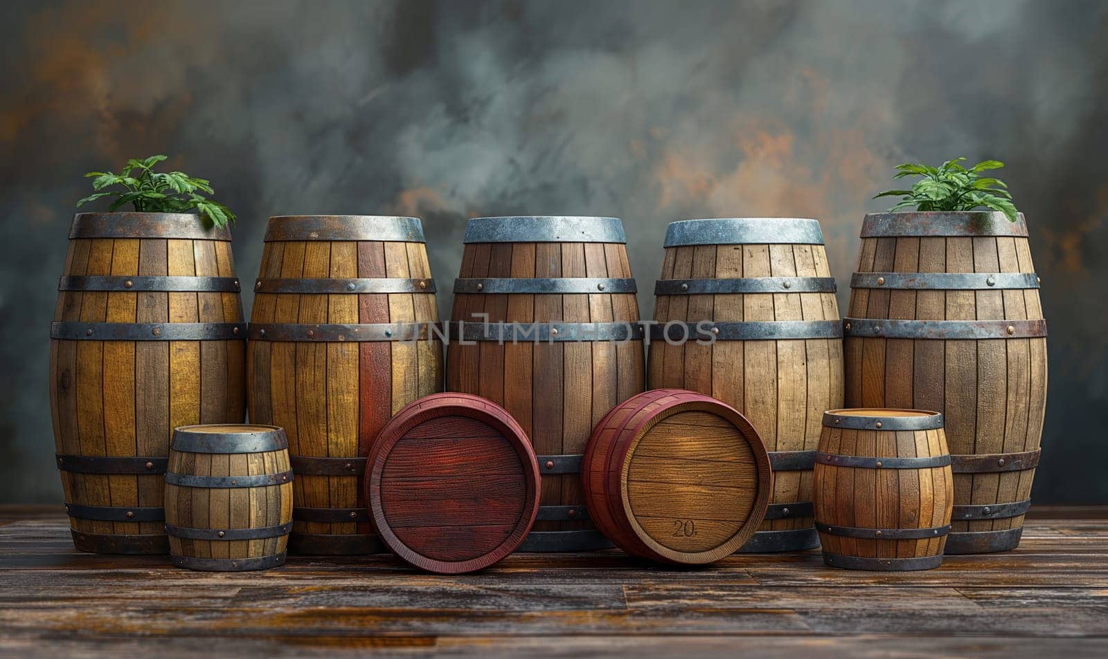 Group of wooden barrels placed on top of a wooden table.