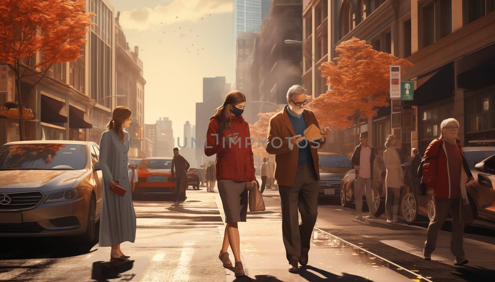 A diverse group of individuals walks animatedly through a bustling city street, guided by an AI assistant. They navigate around various obstacles, embracing the vibrant sights and sounds of the urban landscape.